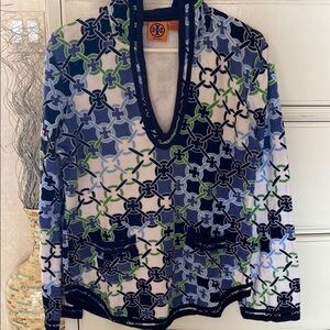 Tory Burch Terry Cloth Hoodie Tunic L chain print blue green white 100% cotton
